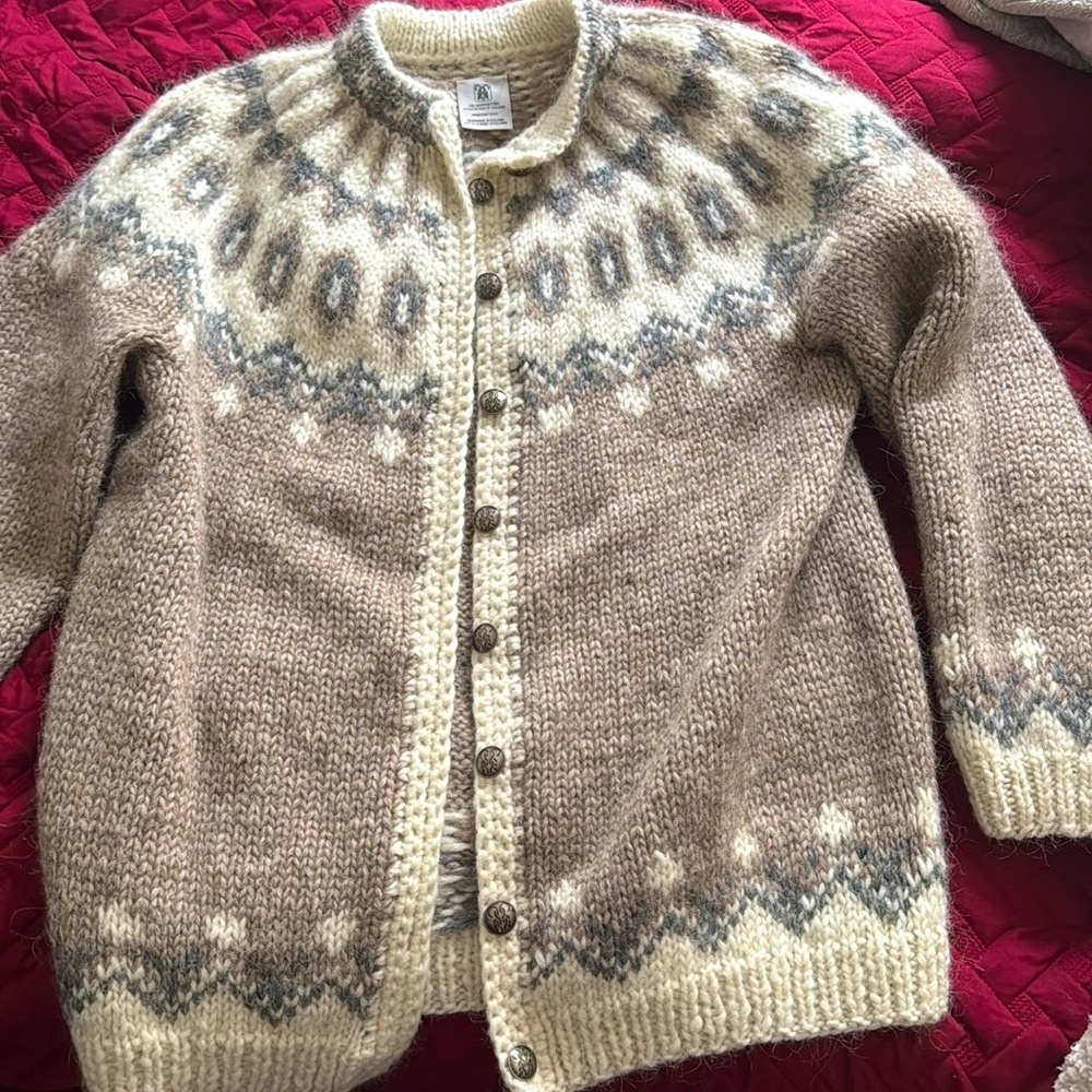Icelandic Cozy Knit Button Up Cardigan Sweater - Cream and Brown—L, EUC